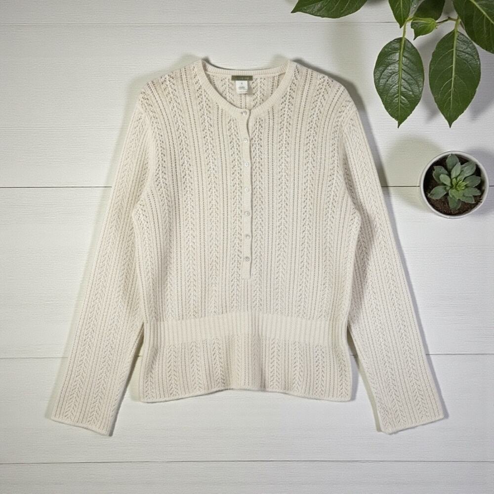 VTG J Crew Women Wool Blend Open Knit Sweater Cream M Fisherman Classic Academia